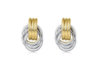 A pair of two-tone (gold and silver) knot stud earrings on a white background.