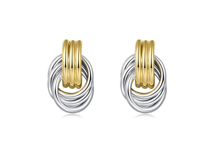 A pair of two-tone (gold and silver) knot stud earrings on a white background.