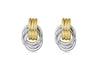 A pair of two-tone (gold and silver) knot stud earrings on a white background.