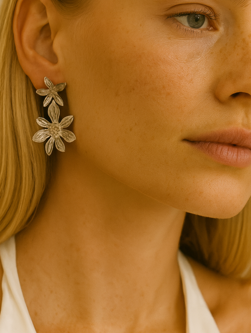 Charlotte Earrings by Teall statement flower drop earrings in silver. 
