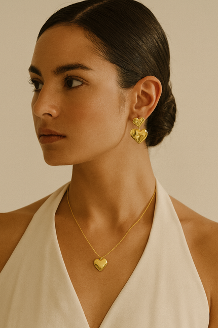 Gold Stud Statement Earrings with Drop Heart Pendant by Teall