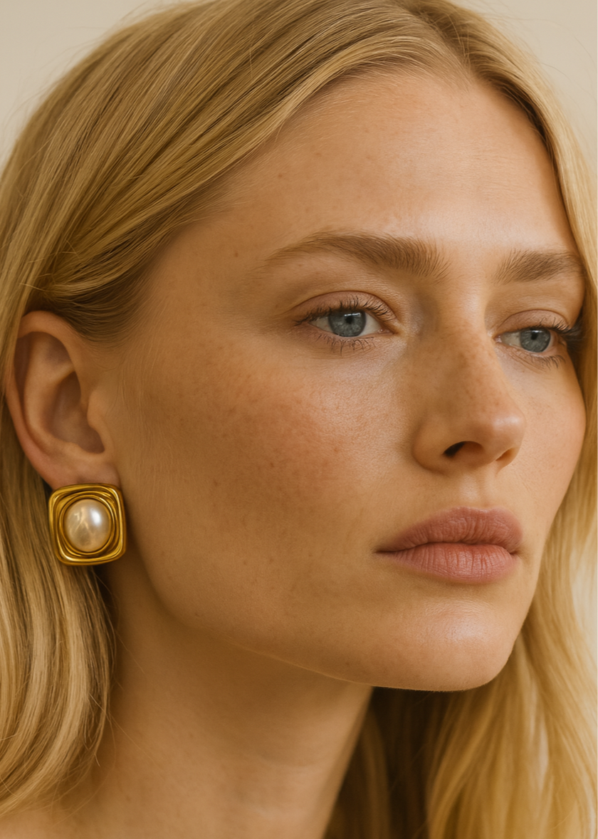 Close-up of a woman wearing gold earrings with a pearl center.