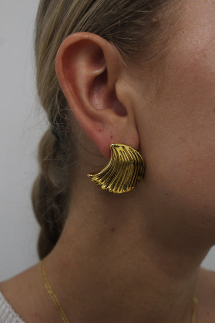 Gold Geometric Ribbed Statement Stud Earrings by Teall