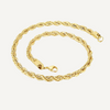 Gold rope chain necklace on a white background