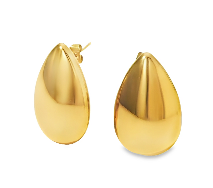A pair of gold statement tear drop earrings with a glossy finish.