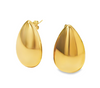 A pair of gold statement tear drop earrings with a glossy finish.