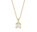 A gold chain necklace with a square clear gemstone detailing on a pendant.