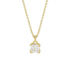 A gold chain necklace with a square clear gemstone detailing on a pendant.