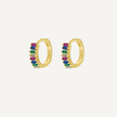 Gold hoop earrings with colorful stones on a white background