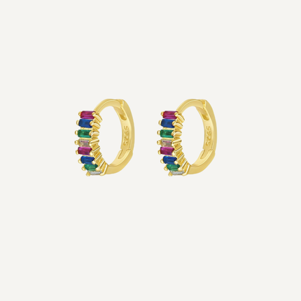Gold hoop earrings with colorful stones on a white background