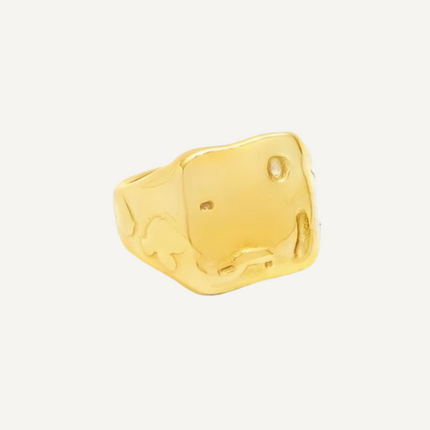 Gold Signet ring with a unique design on a light gray background