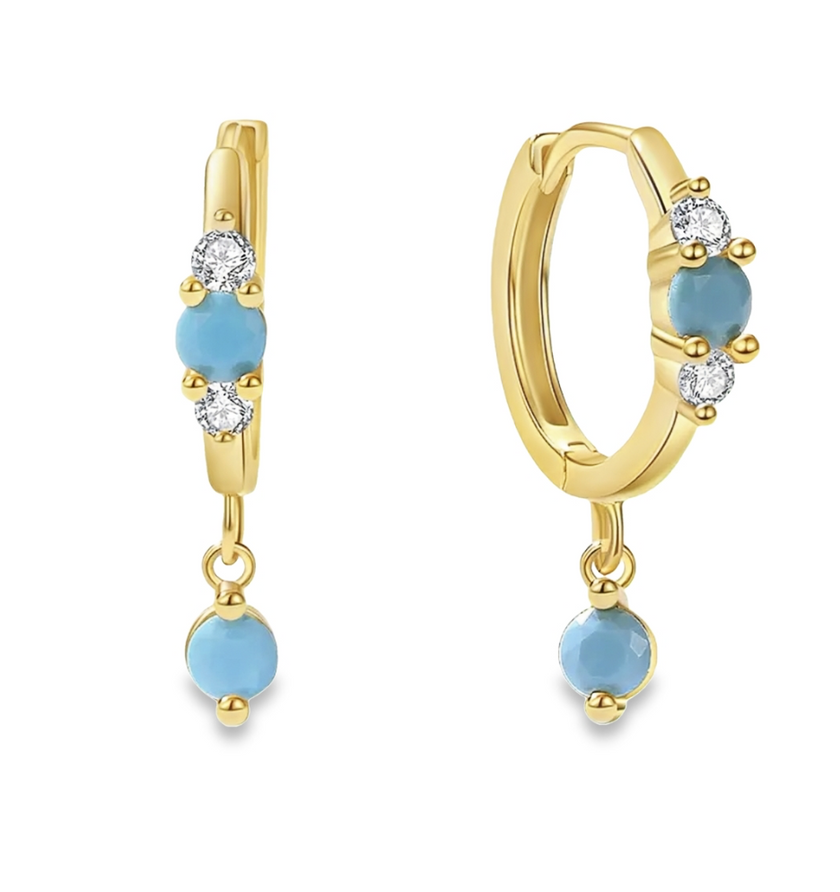 Gold Huggie Hoop Earrings with Blue Gemstone Detailing 
