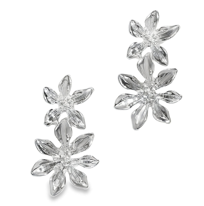 Silver-toned double flower earrings with cascading floral design