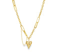 A gold heart pendant chain necklace on a white background.
