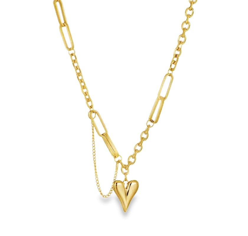 A gold heart pendant chain necklace on a white background.