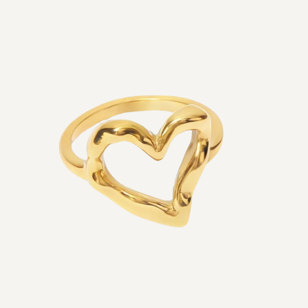 Gold heart-shaped ring on a white background