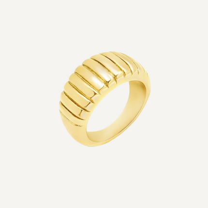 Gold ring with ribbed design on a light gray background
