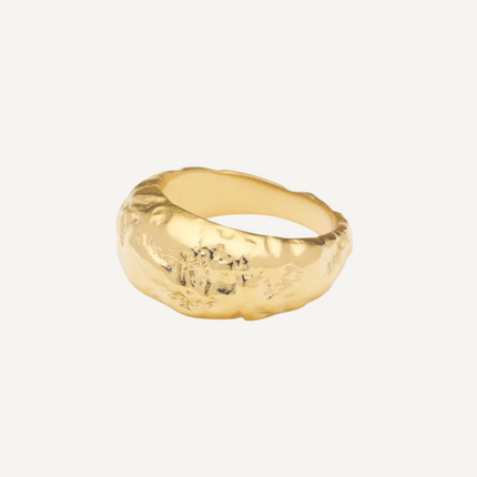 Gold ring on a light beige background