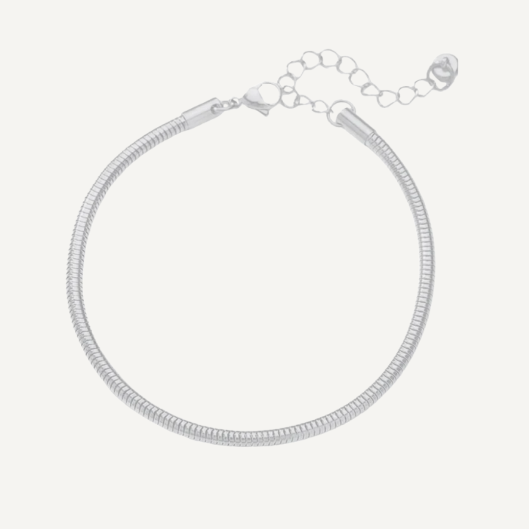 Silver snake chain bracelet on a light gray background